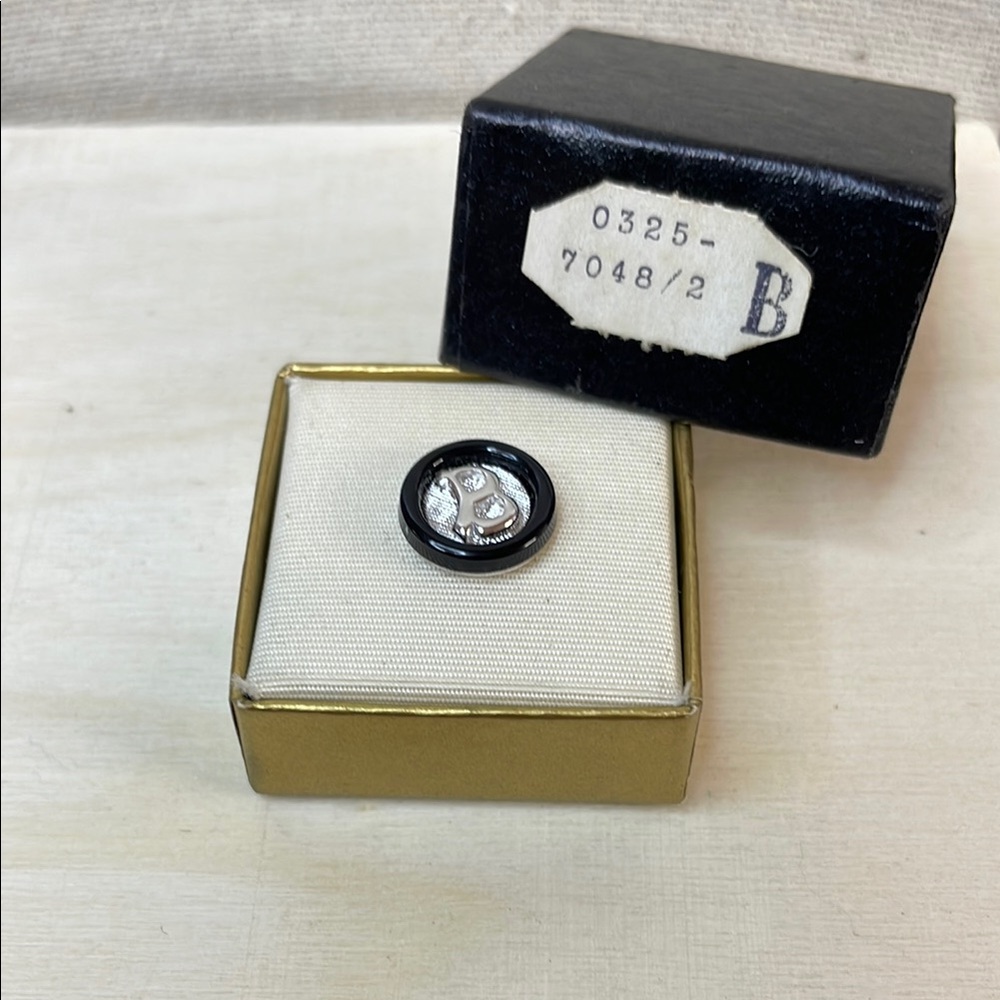 “B” silver and black tie tack made in the USA